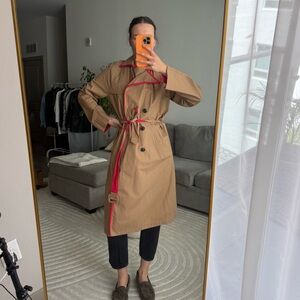 Tan and red trench coat with a touch of whimsy , 100%cotton #trenchcoat